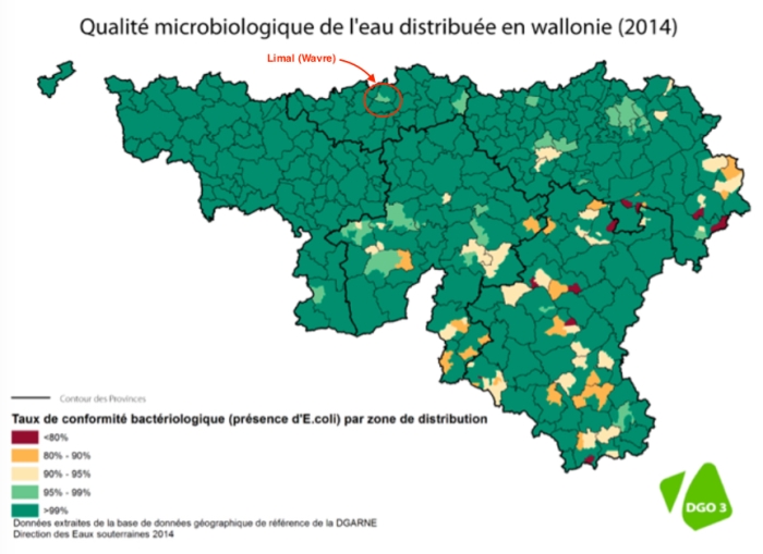 Carte qualité microbiologique eau distribution en Wallonie 2014